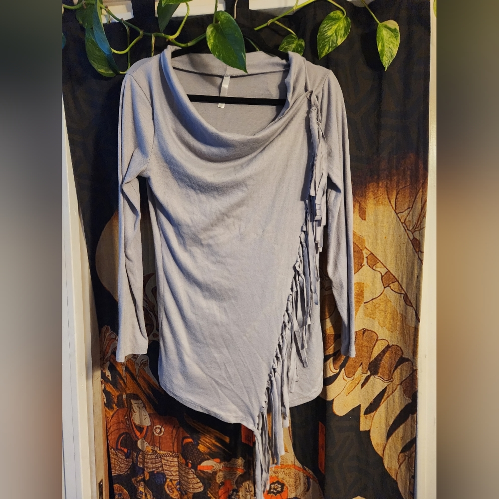 Grey fringed wrap sweater, medium